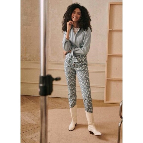 Sézane High-Waist Floral Tapered Jeans FR 34/US 2 Blue White NWT - Picture 1 of 12